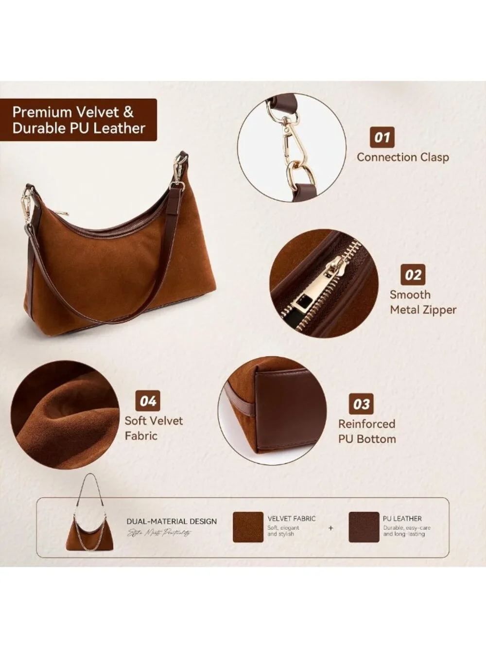 Trendy Suede Hobo Bag for Women | Small Lightweight Tote with 3 Straps & Zipper